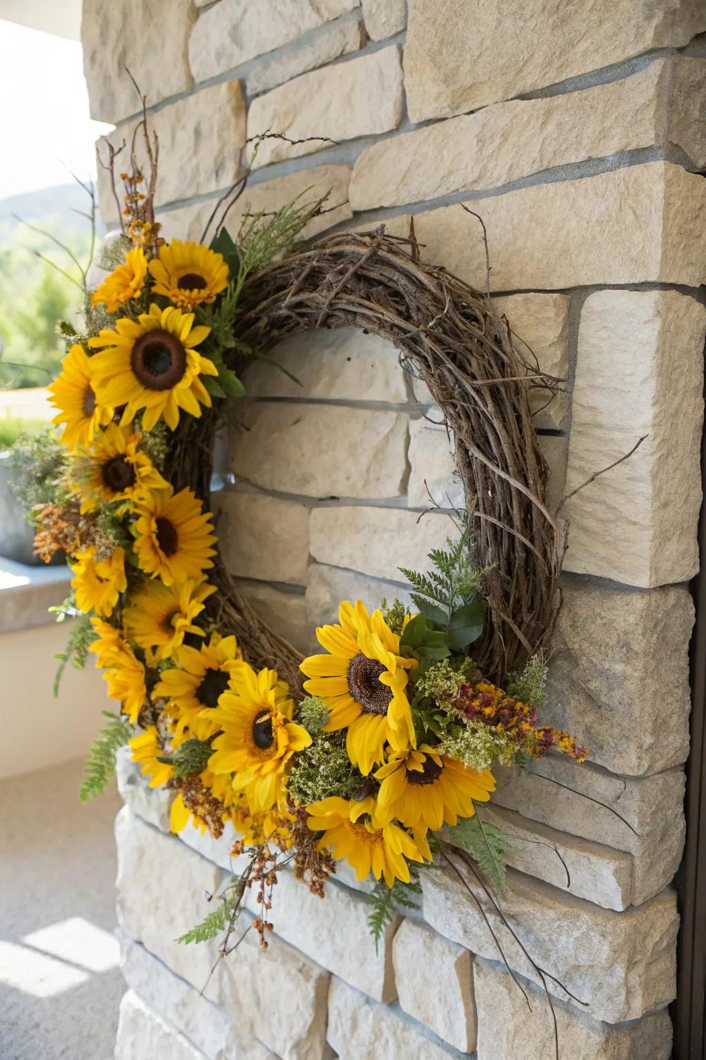 Embrace nature's simplicity with a sunflower wreath elegantly entwined with woodland twigs.