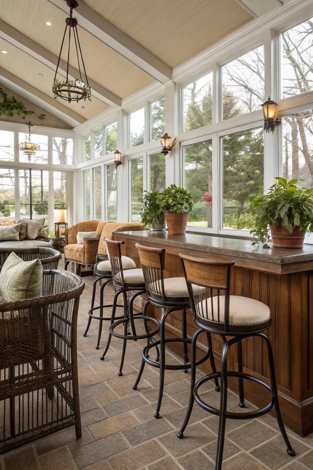 Flexible high stools enhance both style and comfort in your sunroom bar.
