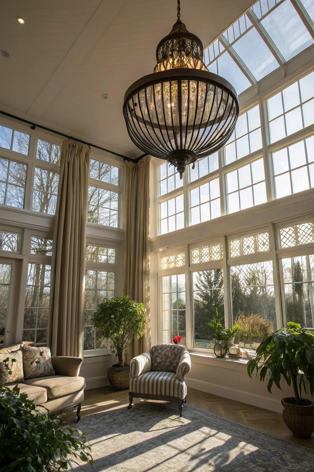 The personality of this sunroom is enhanced by a striking light fixture.