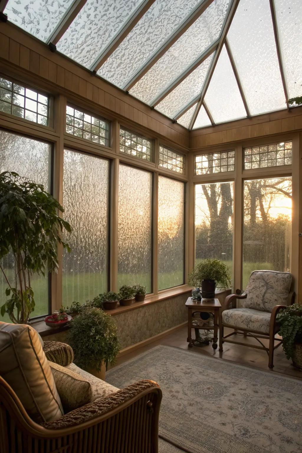 Detailed glass offers seclusion while allowing in soft light.