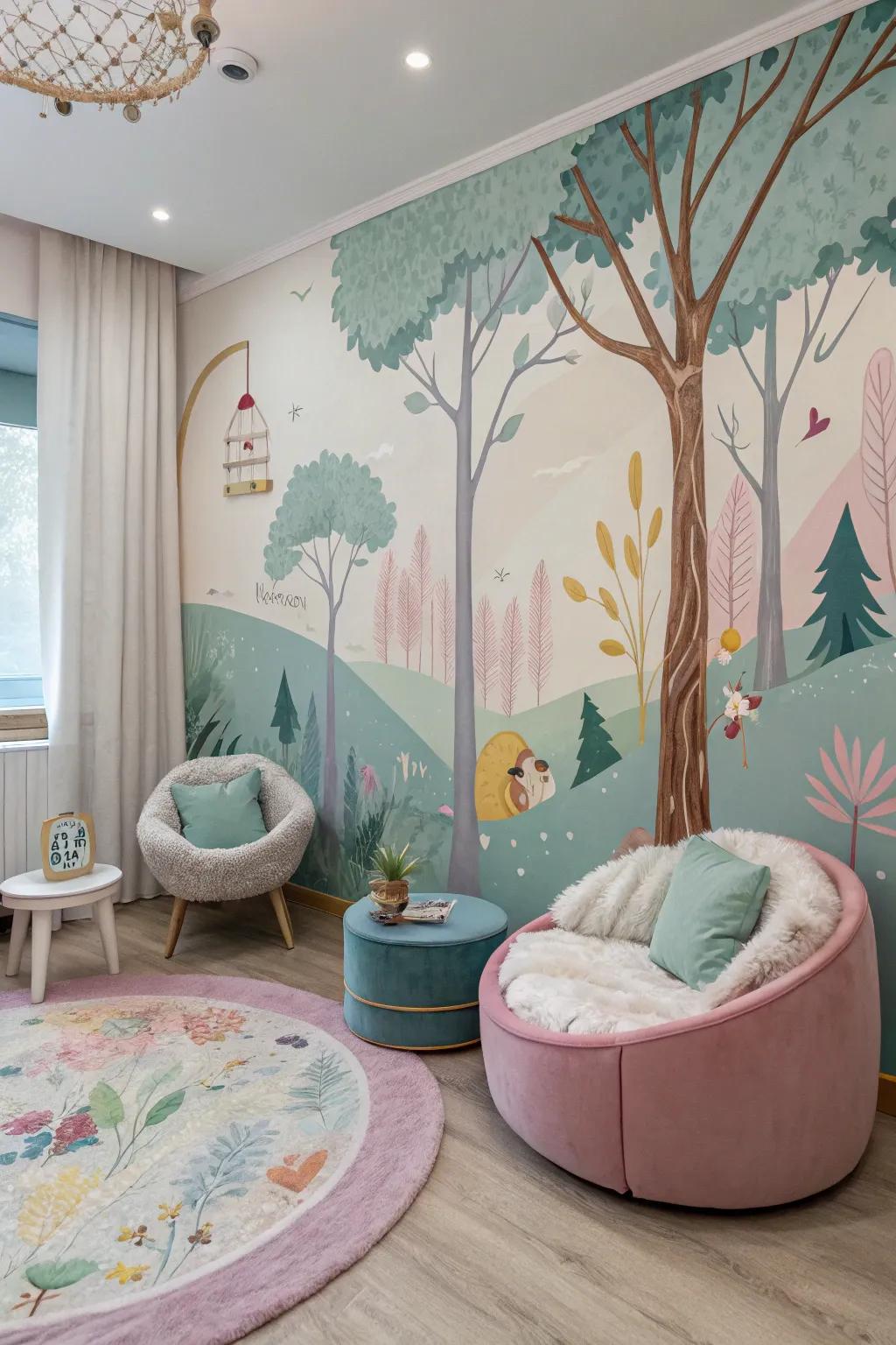 A child's quarter showcasing a fantastical woodland wall art.