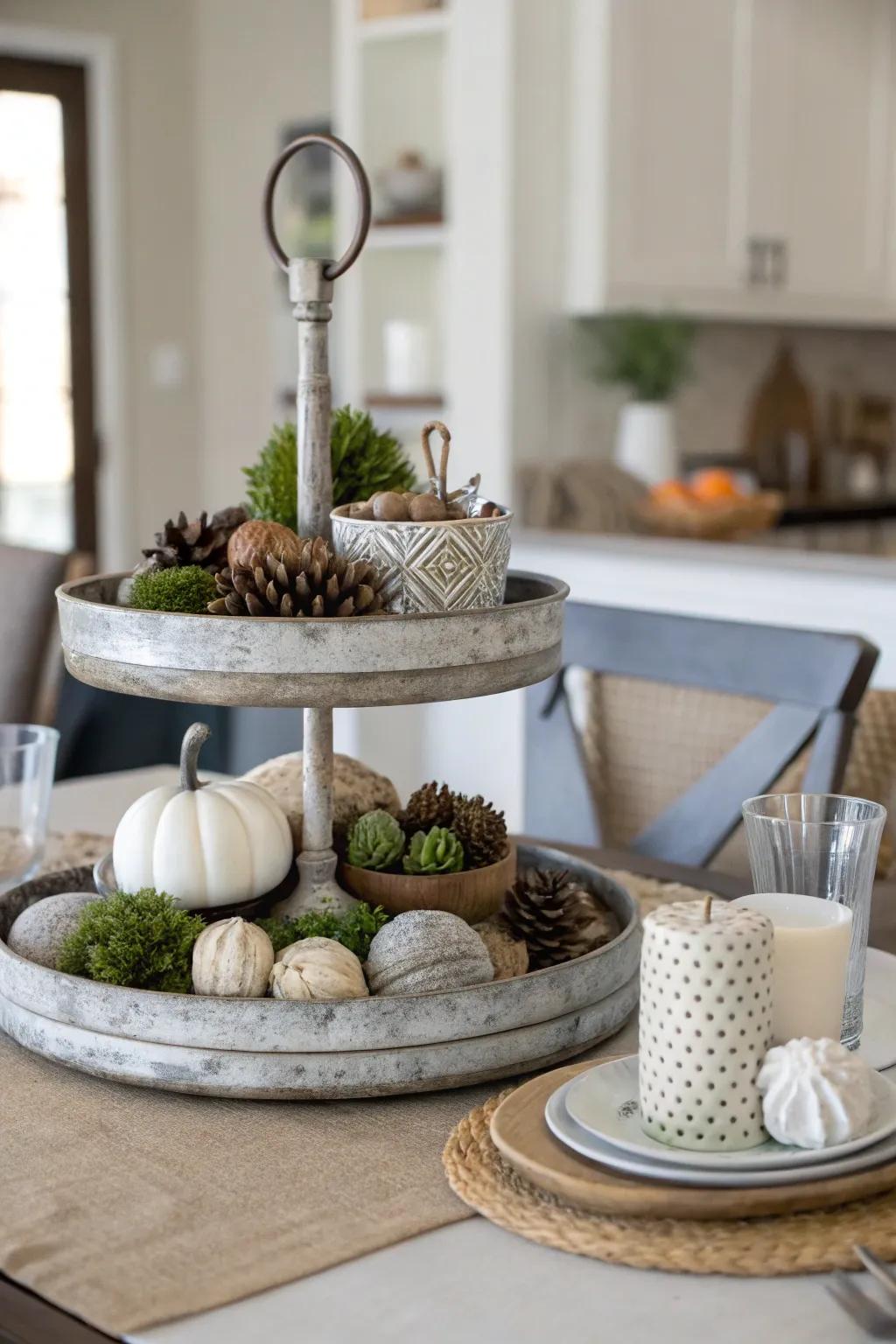Tiered displays provide a stylish approach to presenting diverse items.