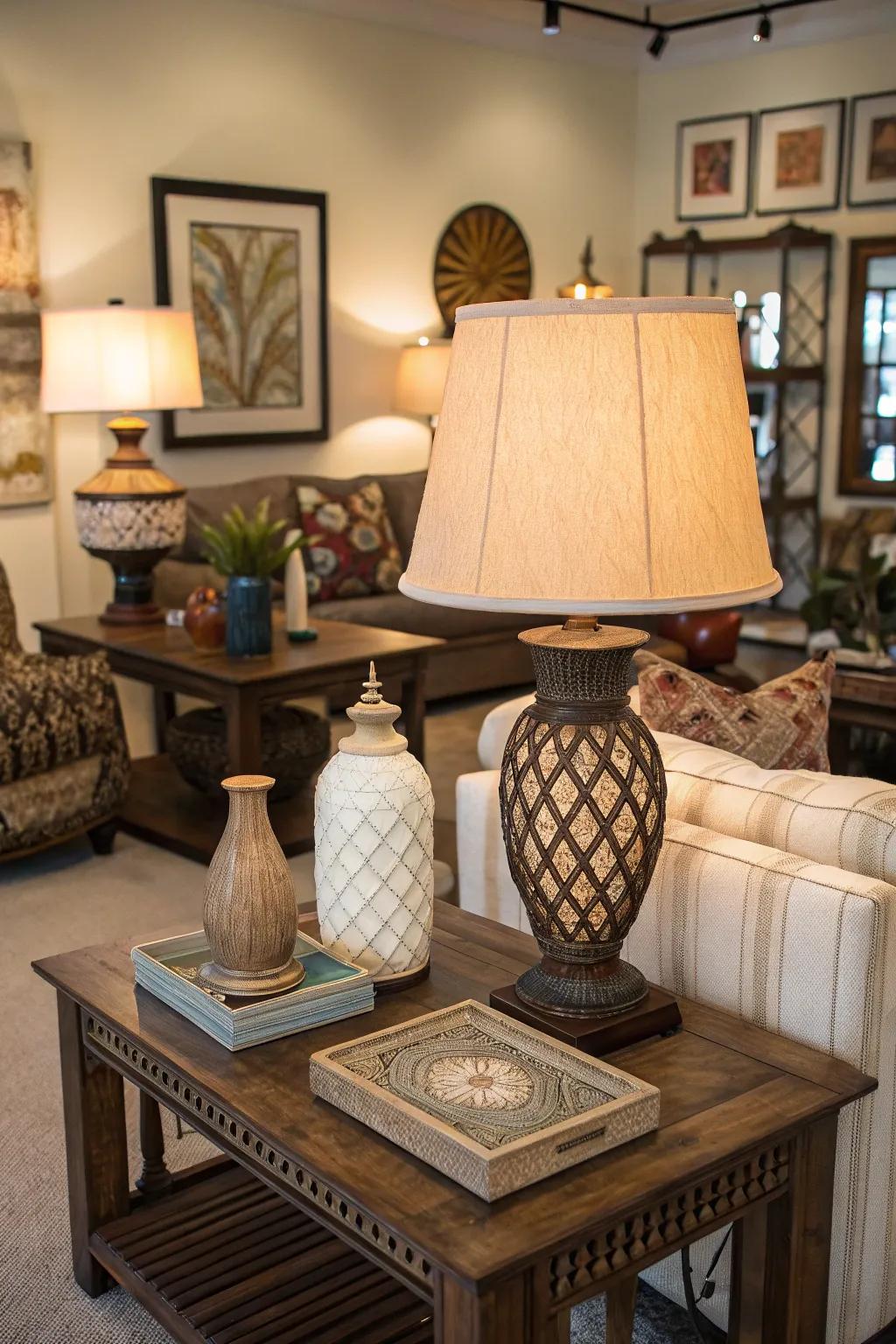 Various table lamps enhance ambient lighting in a living room.