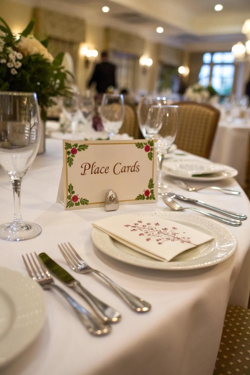 Personalized title cards contributing a special touch to the table.