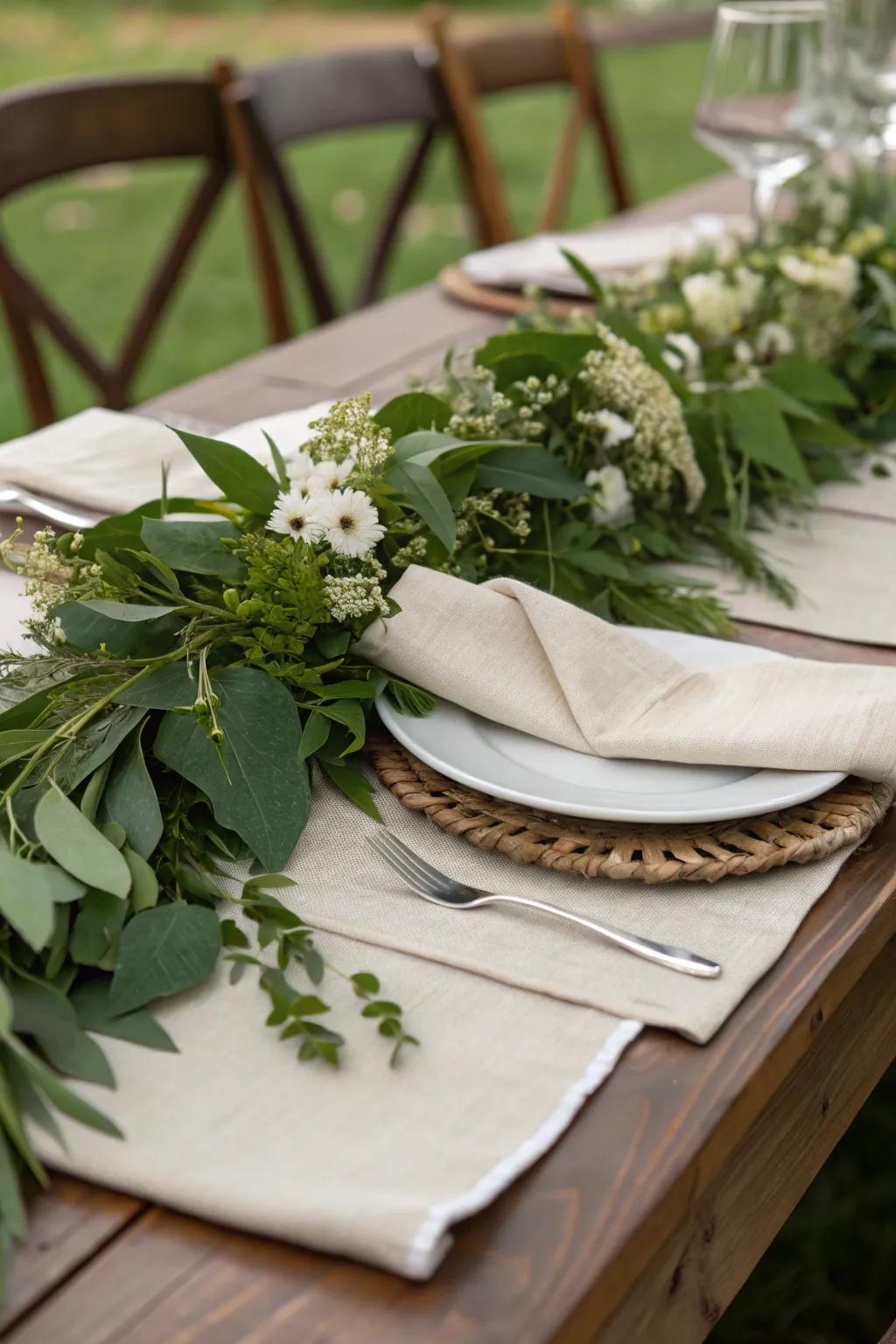 Nature-inspired decor combining greenery with neutral napkins.