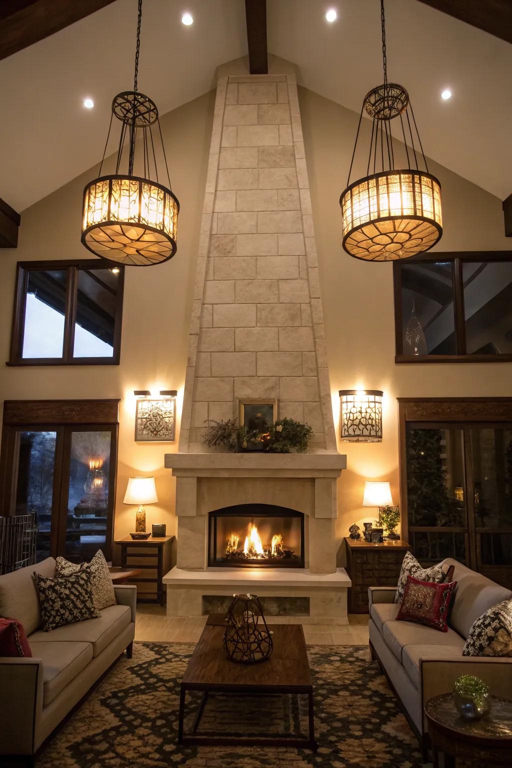 Elegant illumination appends sophistication and affection to a fireplace area.