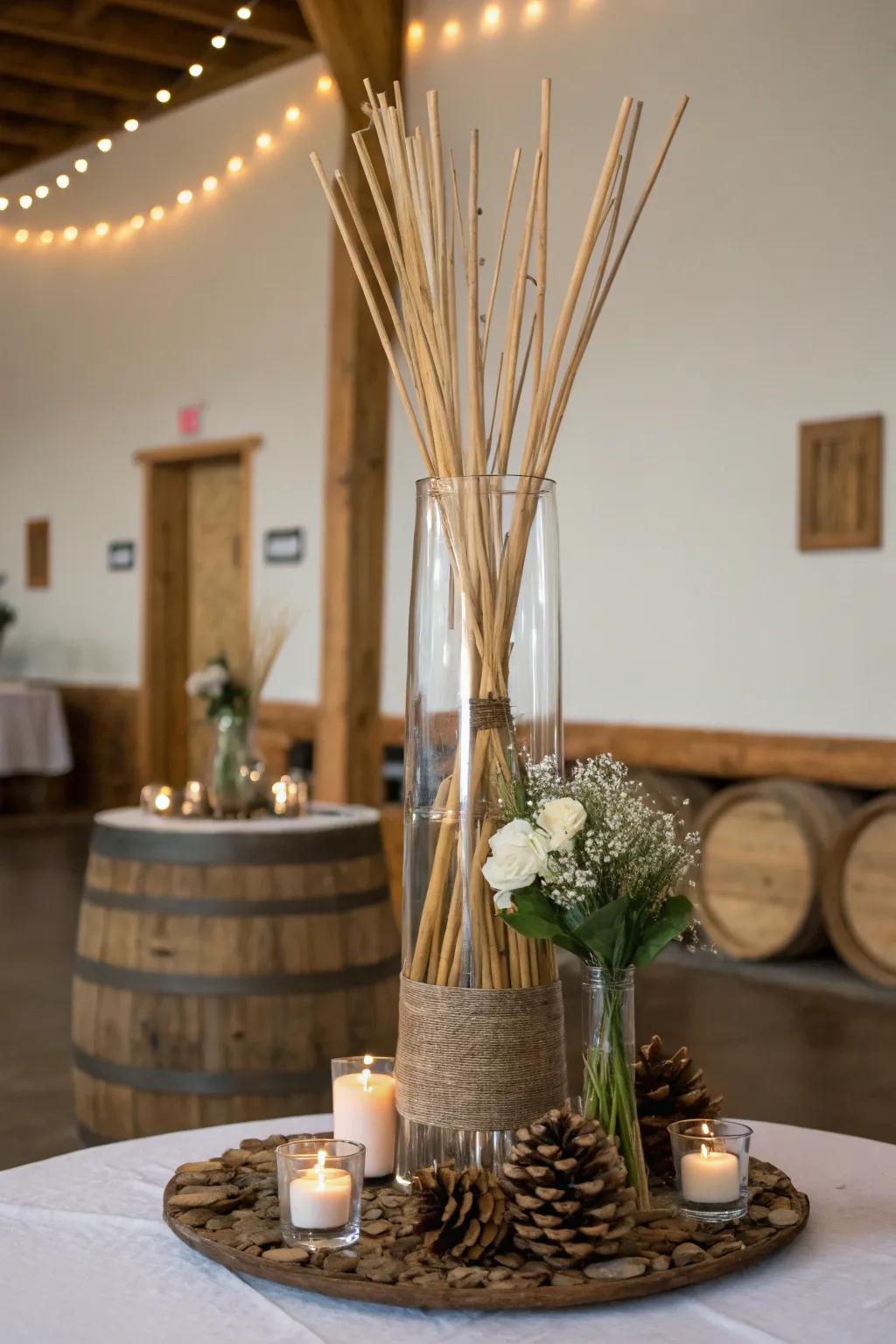 A rustic tall glass vase with wooden accents, enhancing a cozy cabin-like decor setting.