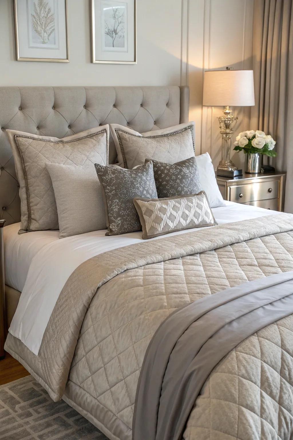 Earthen and slate throw cushions enhance the bed.