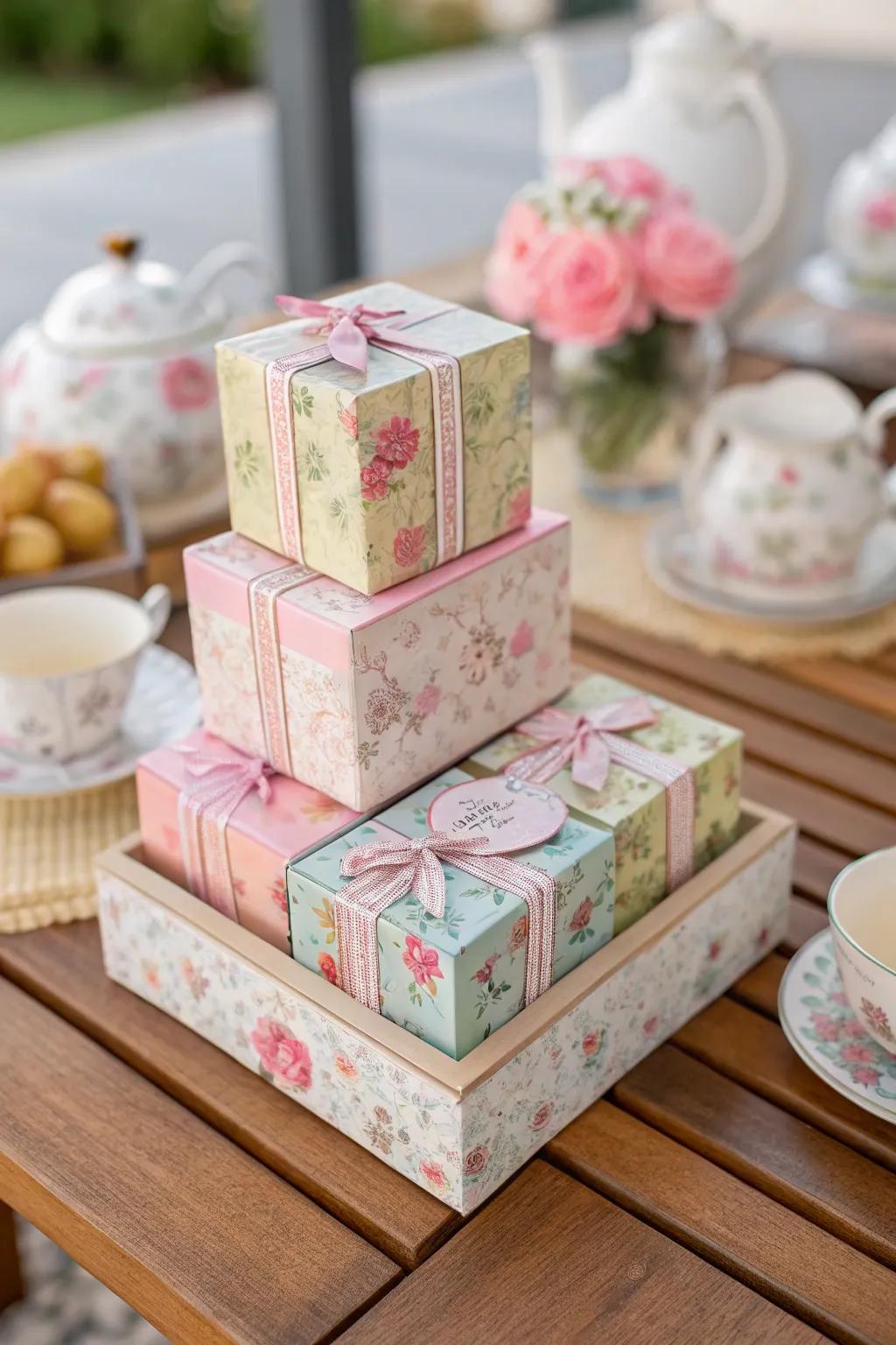 Botanical favor cases echo the splendor of a tea event.