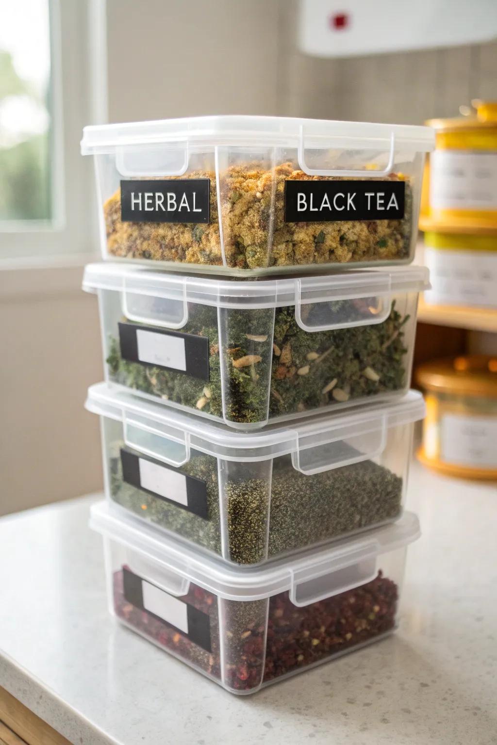Stackable bins perfect for organizing tea.