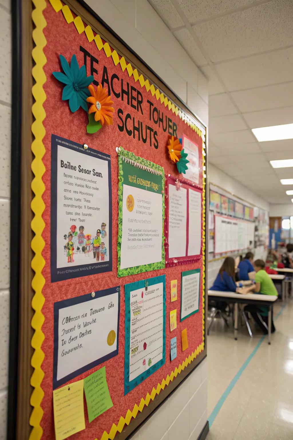 A vibrant board featuring individual teacher contributions with shout-outs.