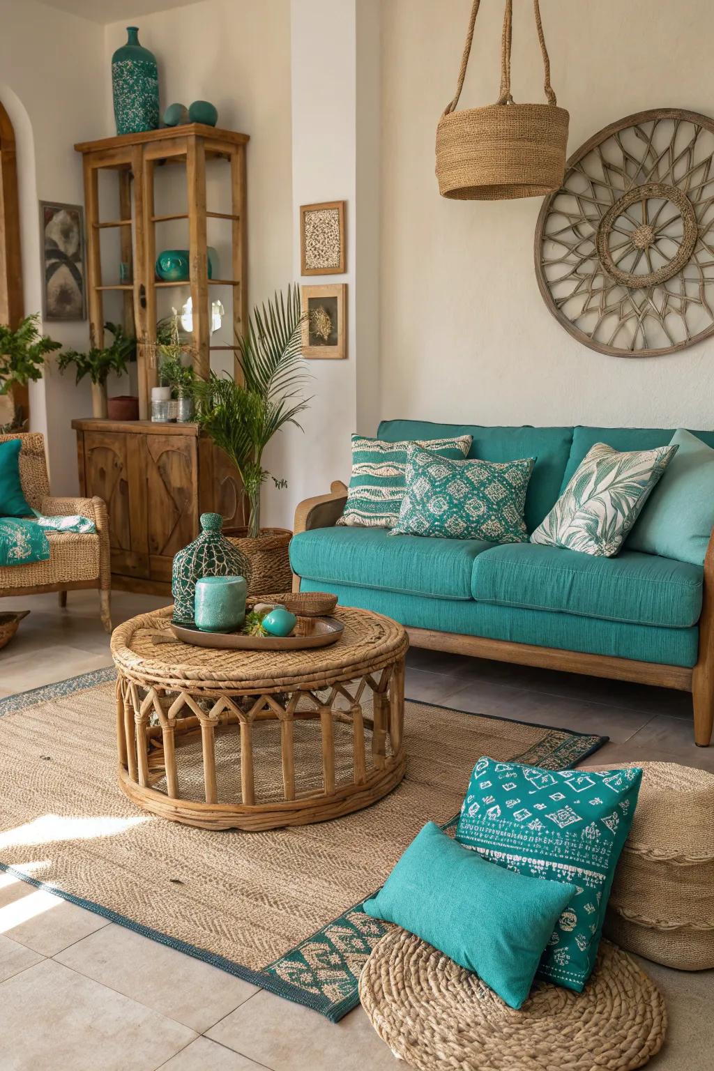 The use of nature makes teal and turquoise feel more grounded.