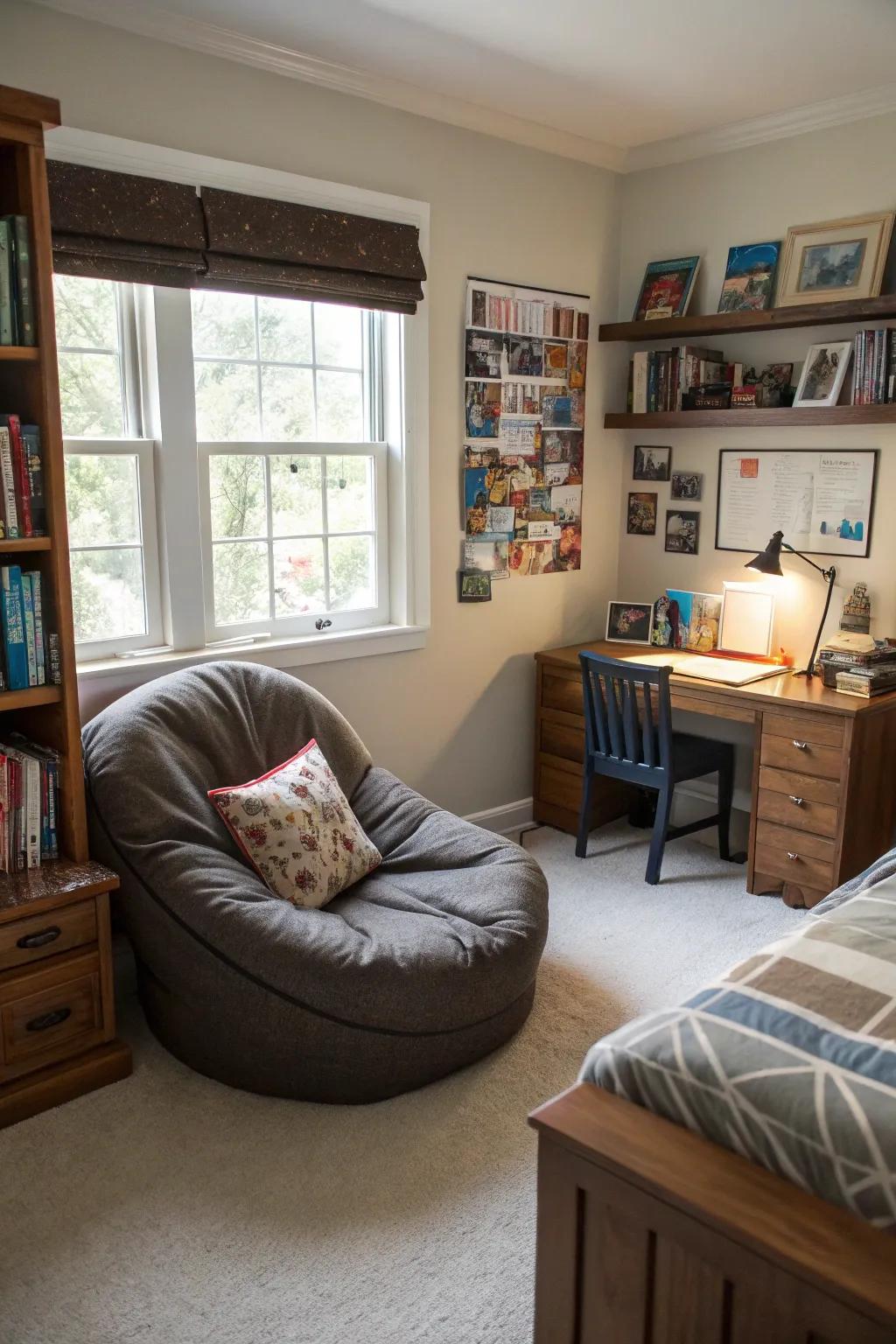 A snug reading sanctuary fashions an inviting escape within the area.