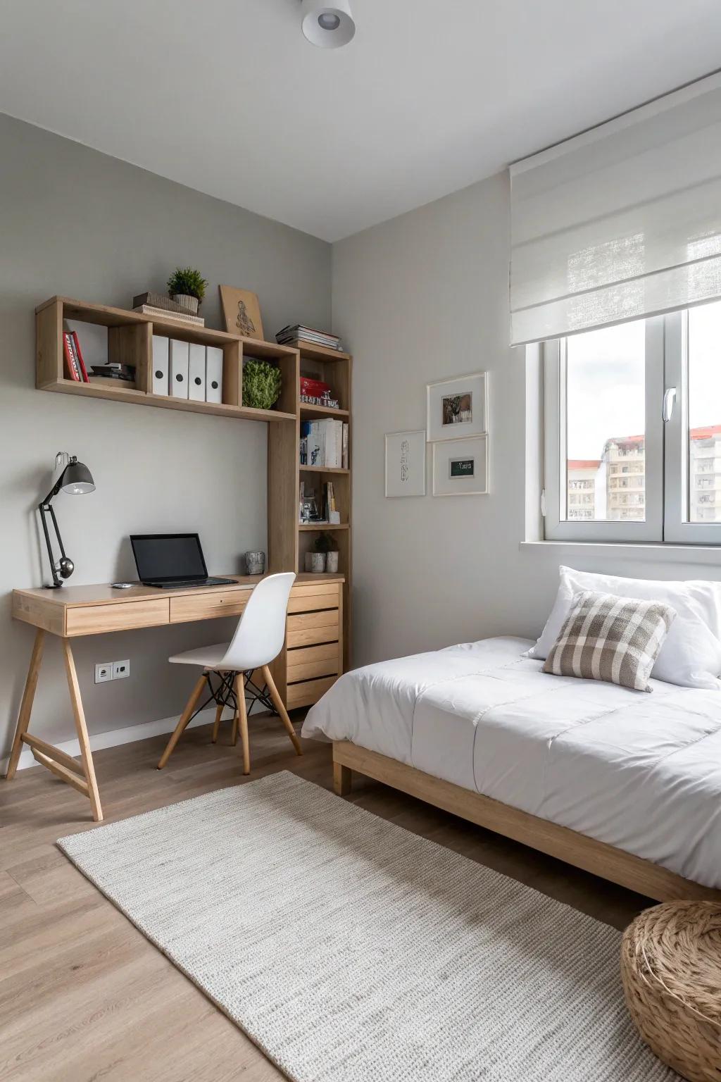 A minimalist teen boy's room showcasing a tranquil and sophisticated design.