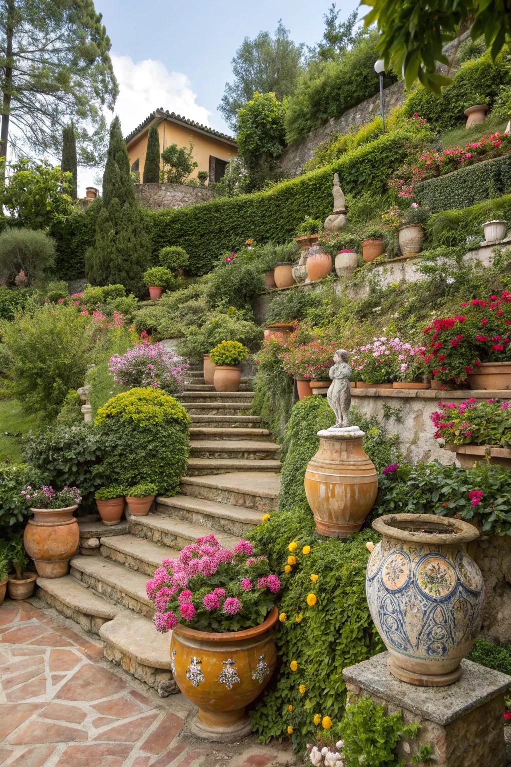 Ornamental pieces in a tiered garden, adding character and charm.