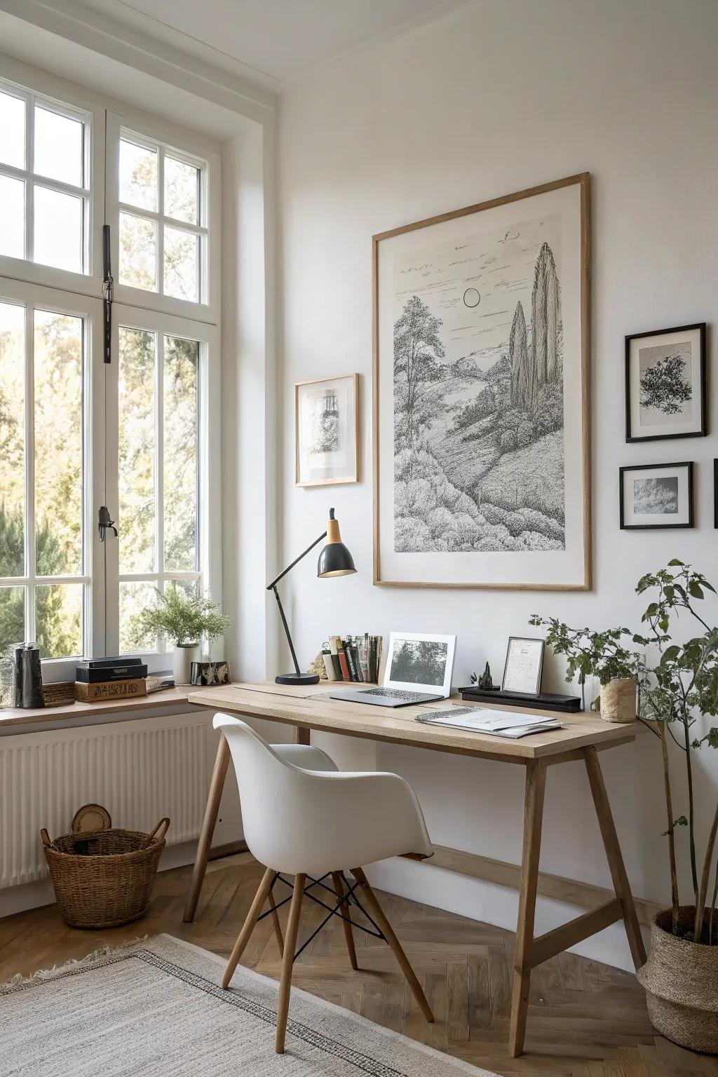 A pen and ink textured drawing adds elegance and detail to this minimalist office.