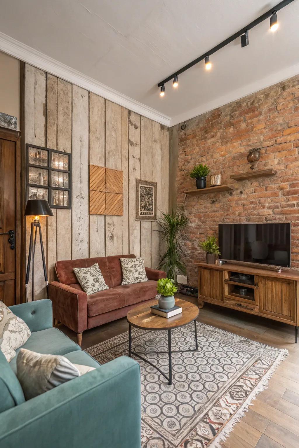 A living room with an eclectic mix of textured walls.