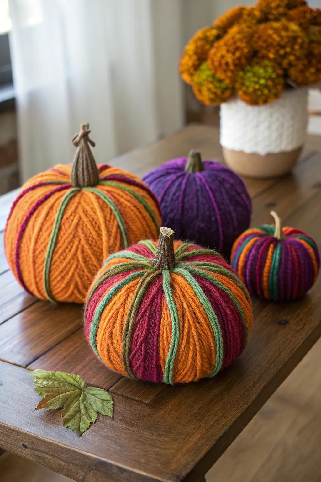 Snug thread-wrapped pumpkins for a gentle impression.