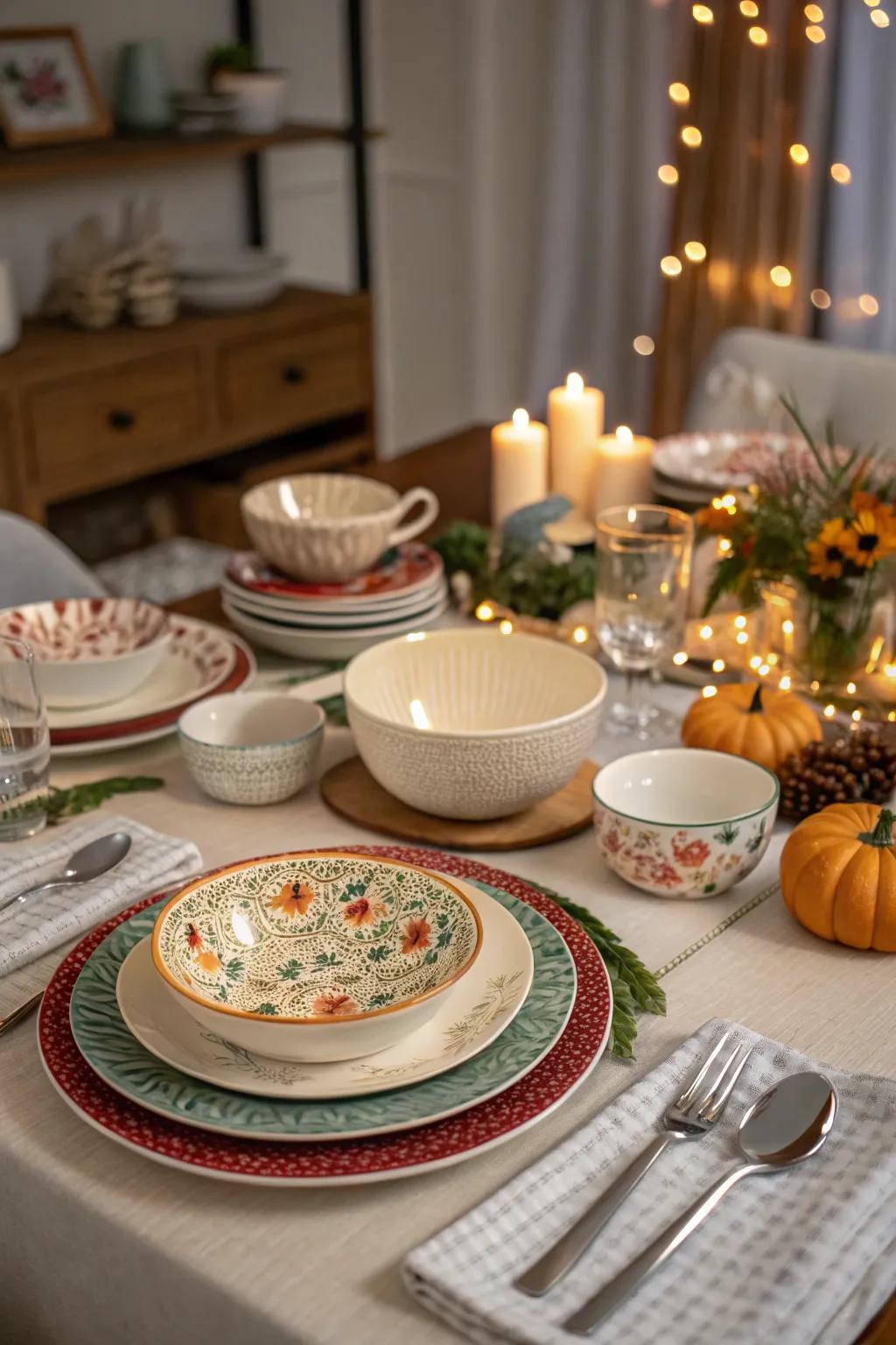 A combination of dinnerware generates a distinctive and intimate table display.