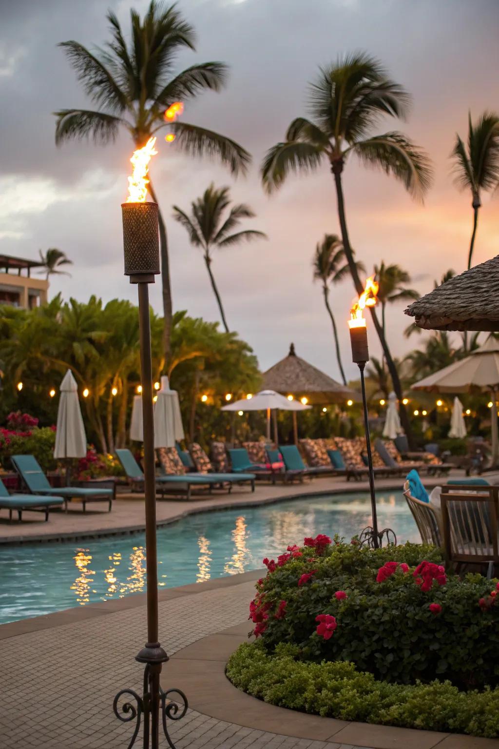 Transform your poolside into a tropical paradise with <strong><em>tiki torches</em></strong>.” loading=”lazy” class=”pimg”>
	</picture><figcaption>Transform your poolside into a tropical paradise with <strong><em>tiki torches</em></strong>.</figcaption></figure>
<p>Enhance your poolside with <strong><em>tiki torches</em></strong> for a tropical resort atmosphere. This simple inclusion transforms pool parties into unforgettable events.</p>
<h3>Try these:</h3>
<ul class=