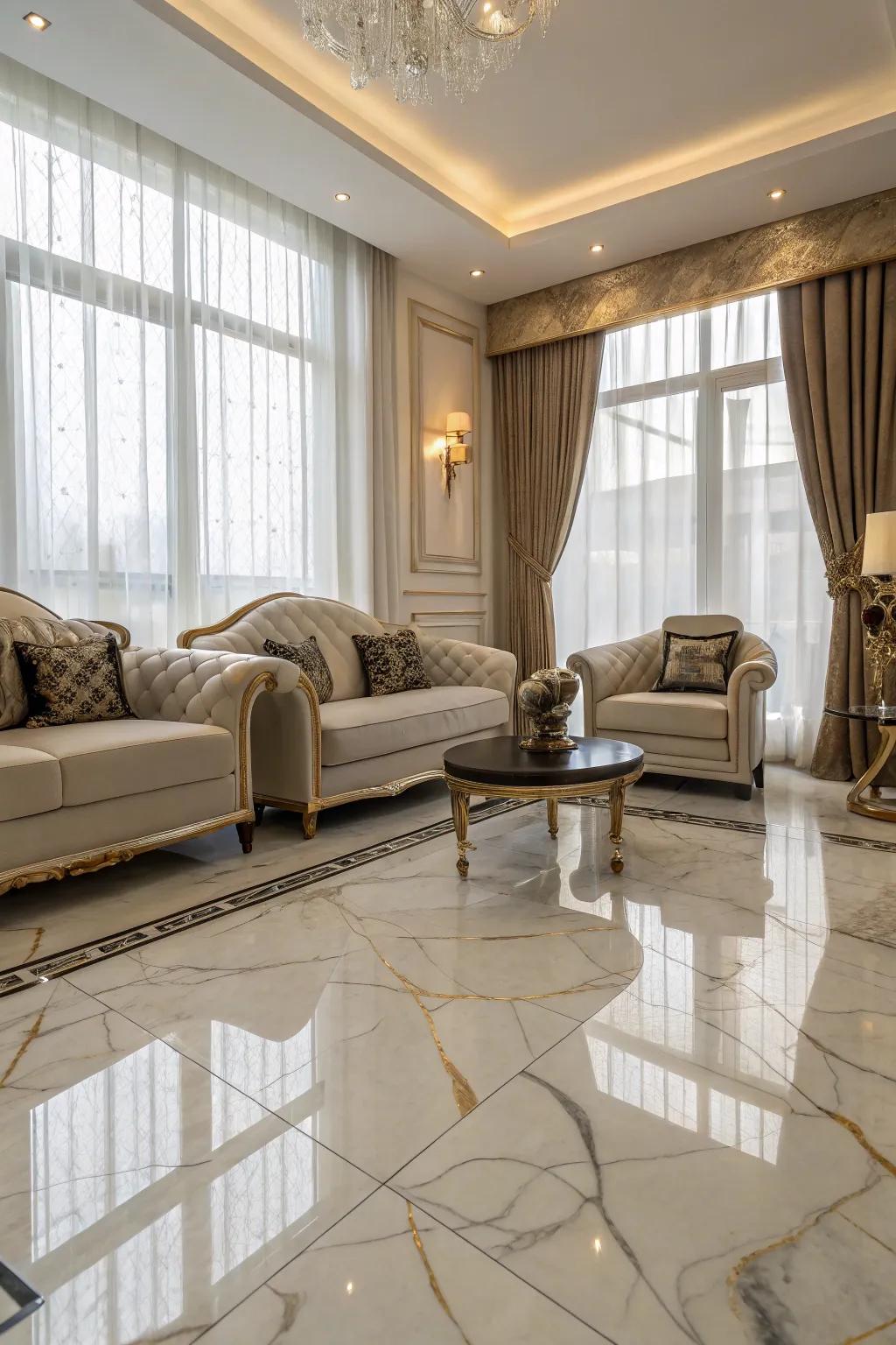 Marble-look tiles deliver luxury and practicality to high-traffic areas.
