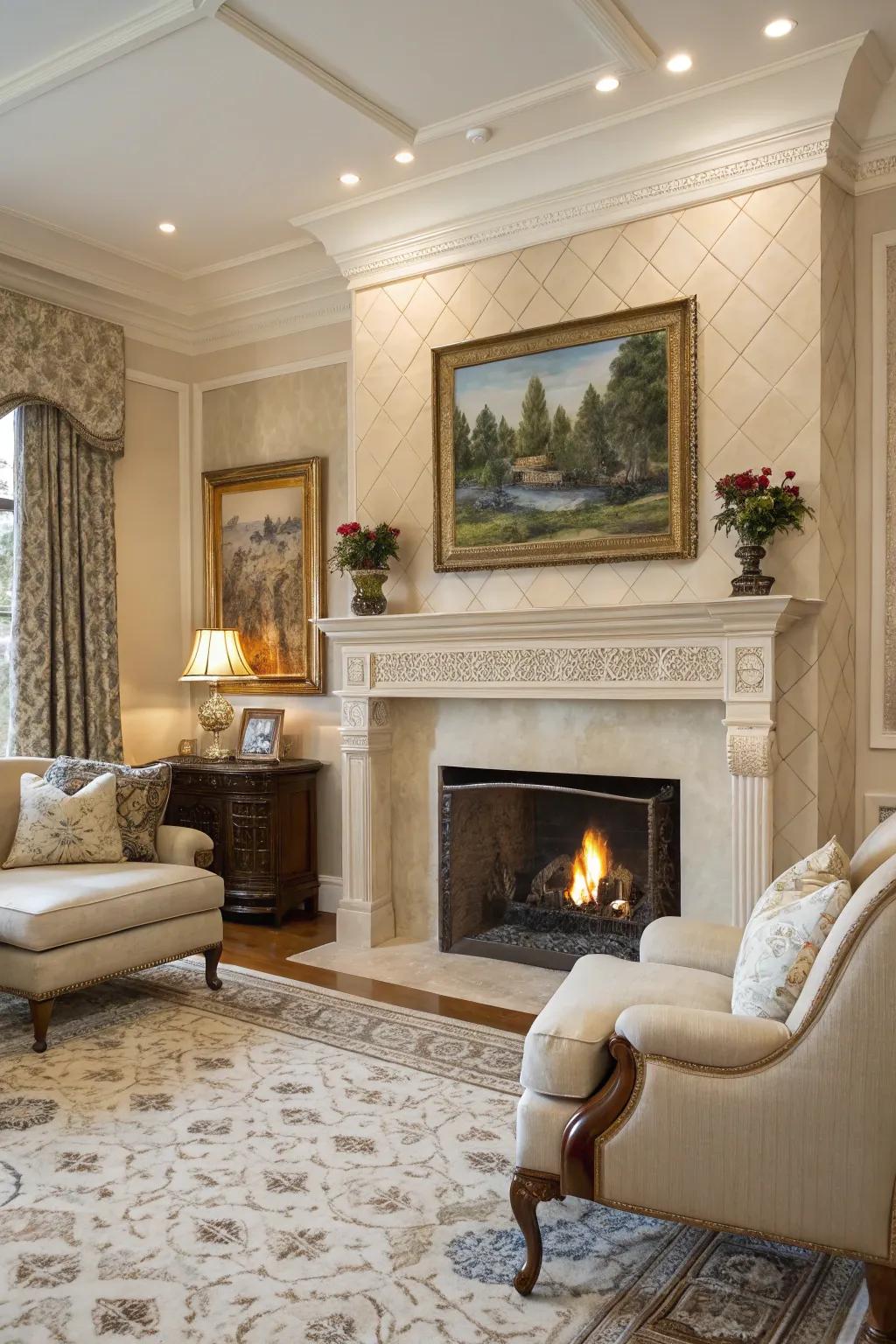 Timeless panache shines through with subdued cladding and a traditional mantel.