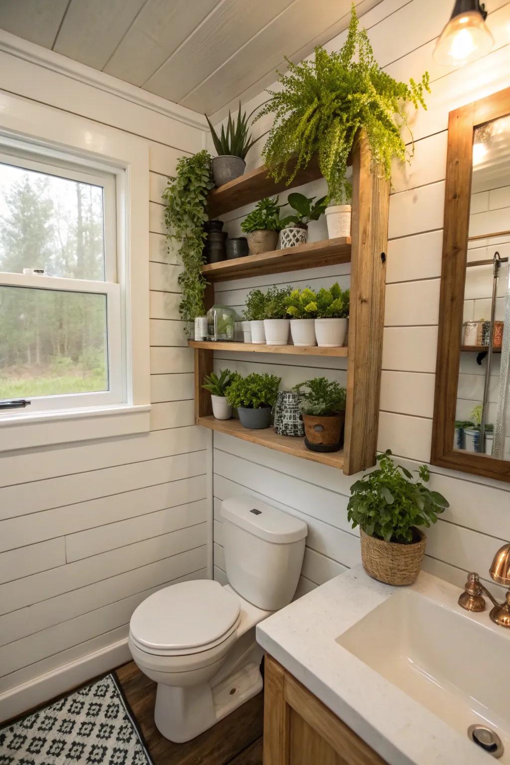 Plants bring life and freshness to this tiny bathroom.