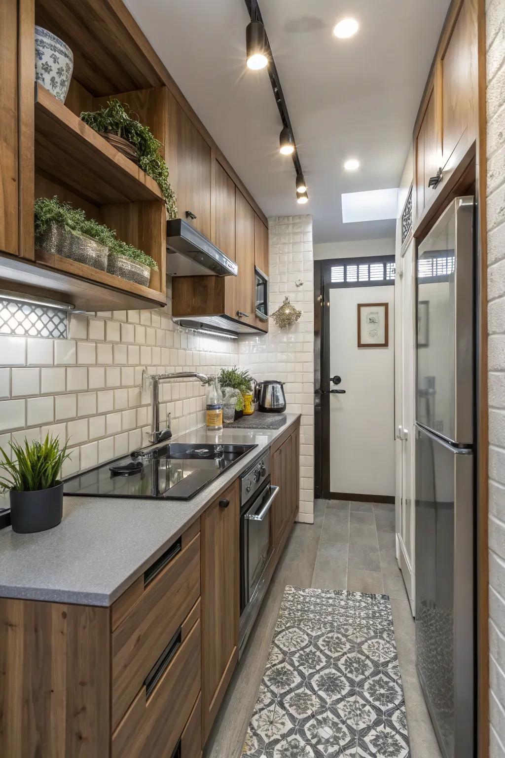 Mixing materials fosters a stylish and contemporary vibe in a small kitchen.