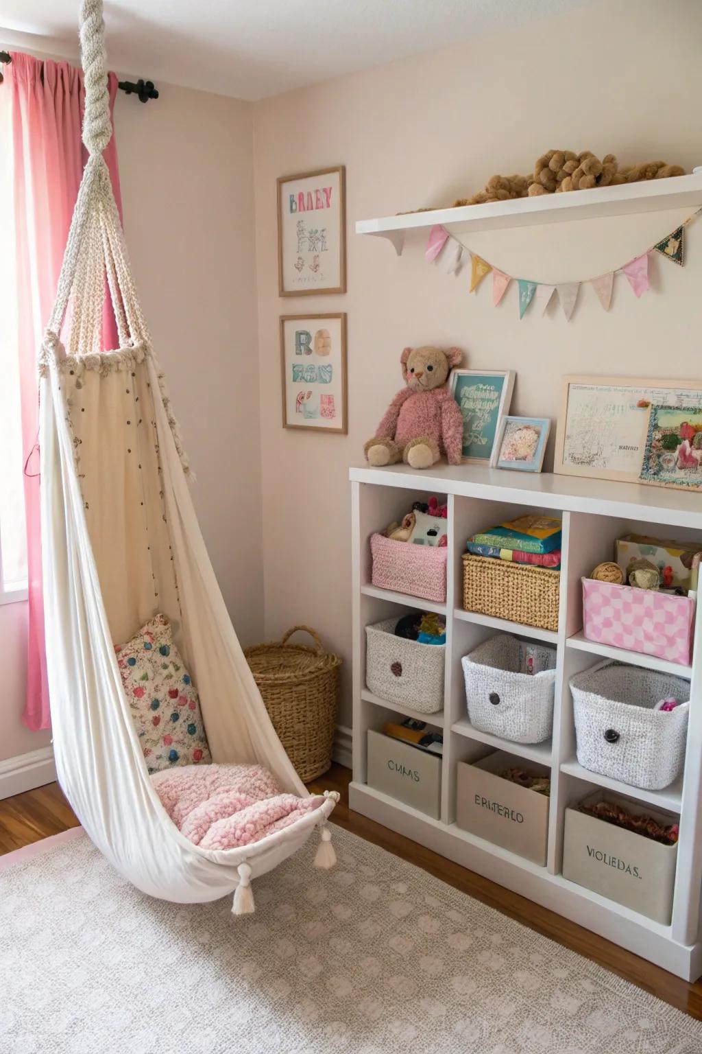 A soft toy hammock keeps plush toys organized and readily accessible.