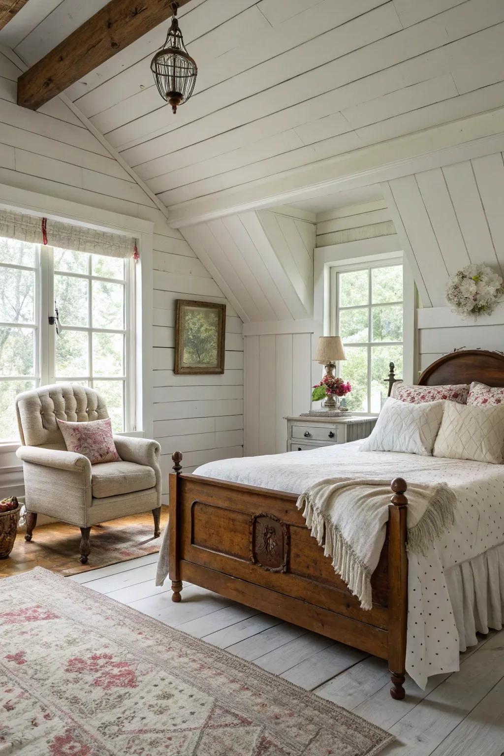 White interlocking plank walls evoke a welcoming, rural atmosphere.