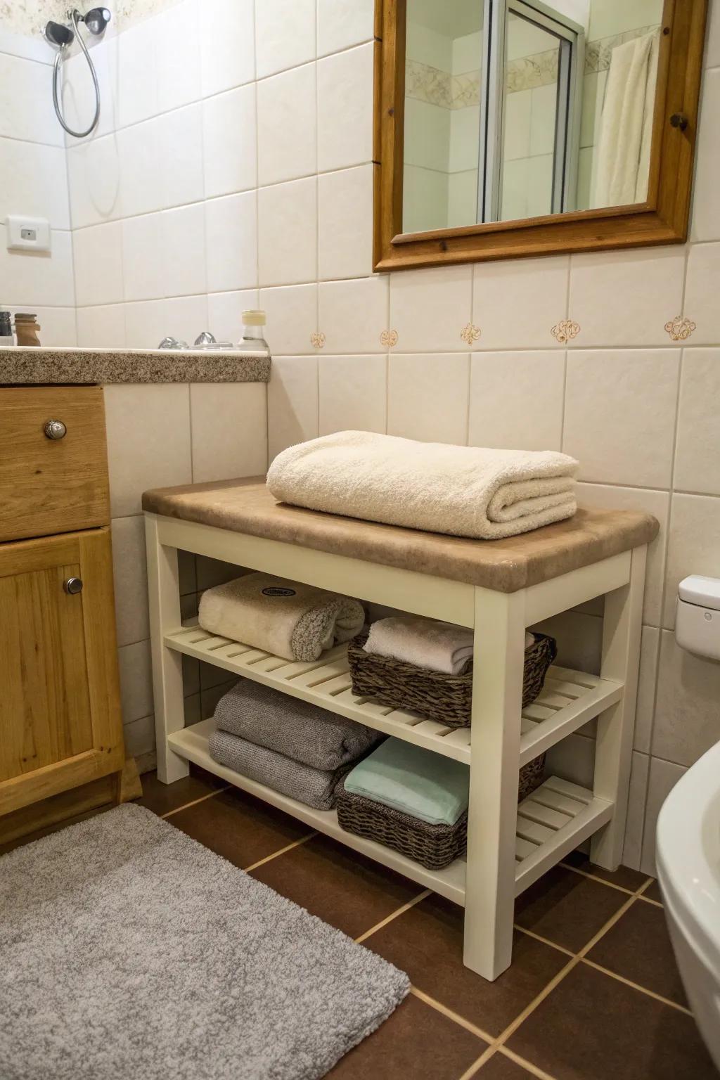 Compact furnishings offer dual-purpose holding solutions in small bathrooms.