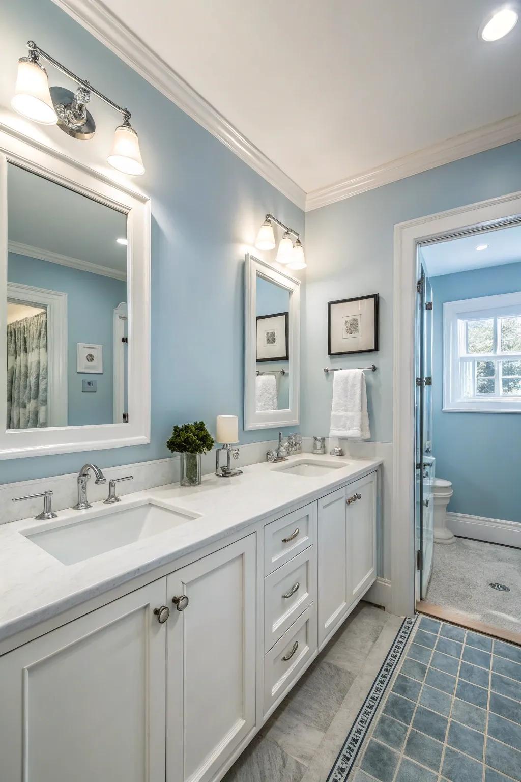 A townhouse washroom featuring soothing blue walls for a peaceful touch.