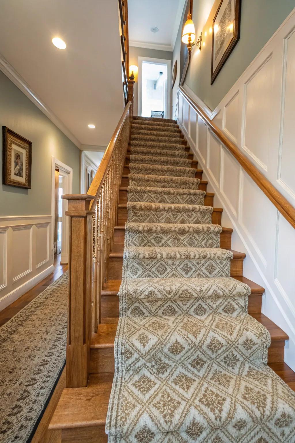 A textured carpet extension introduces warmth and flair to the staircase.