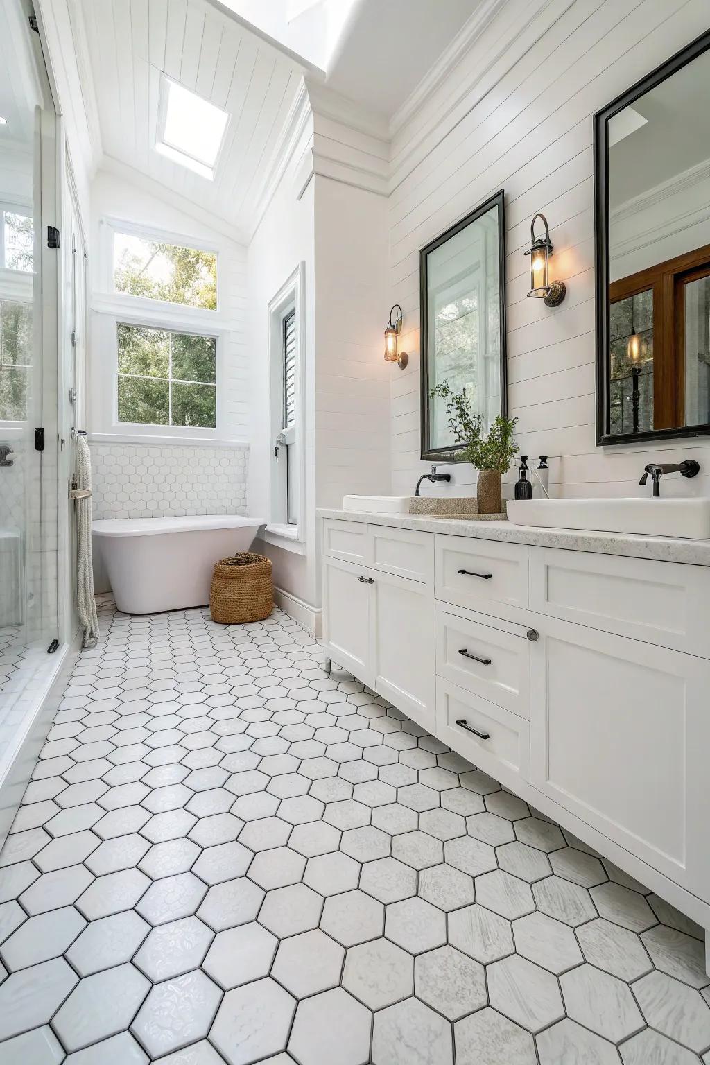 A white bathroom showcasing multi-sided tile flooring for increased visual appeal.