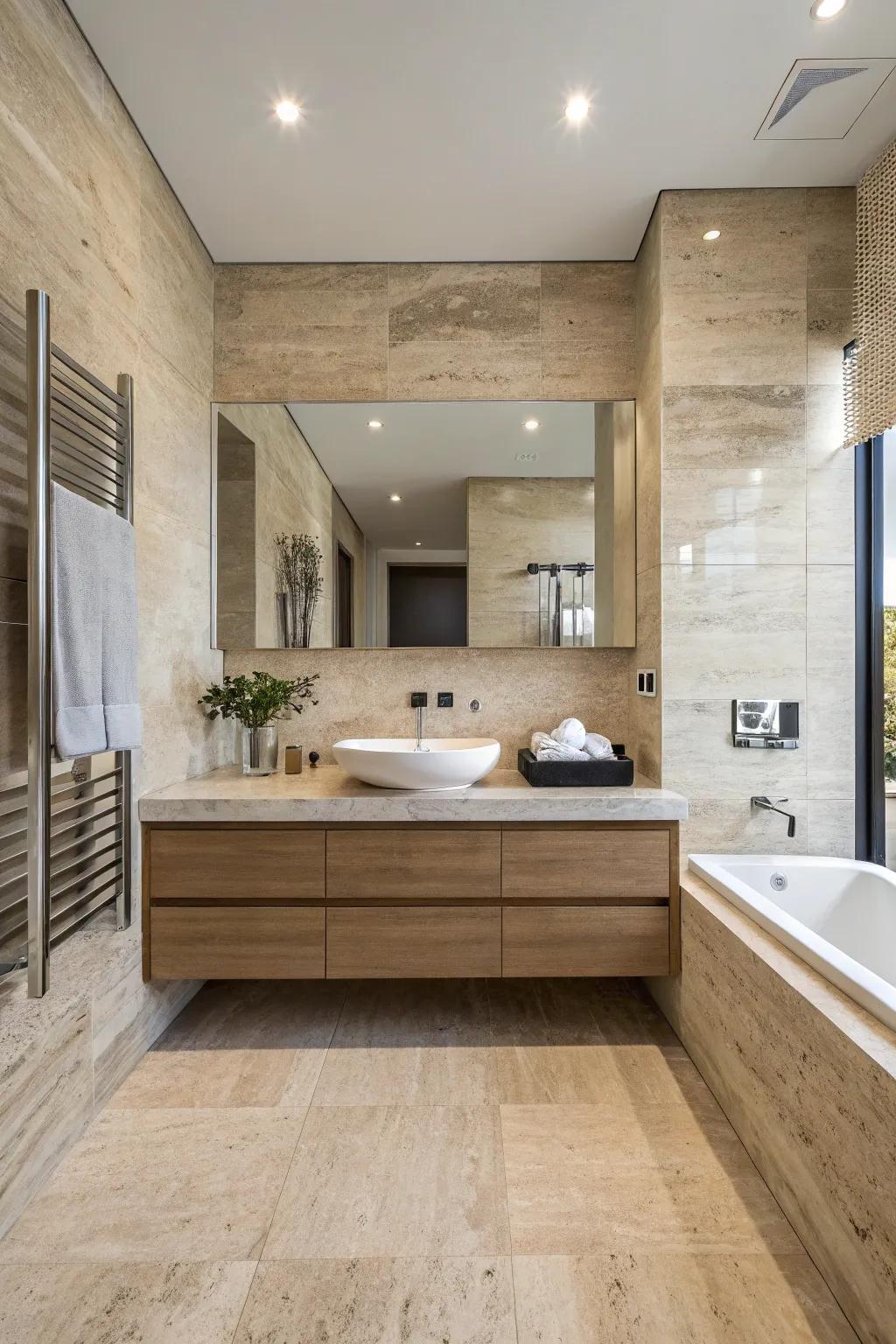 A modern travertine bathroom features a streamlined, elevated console.