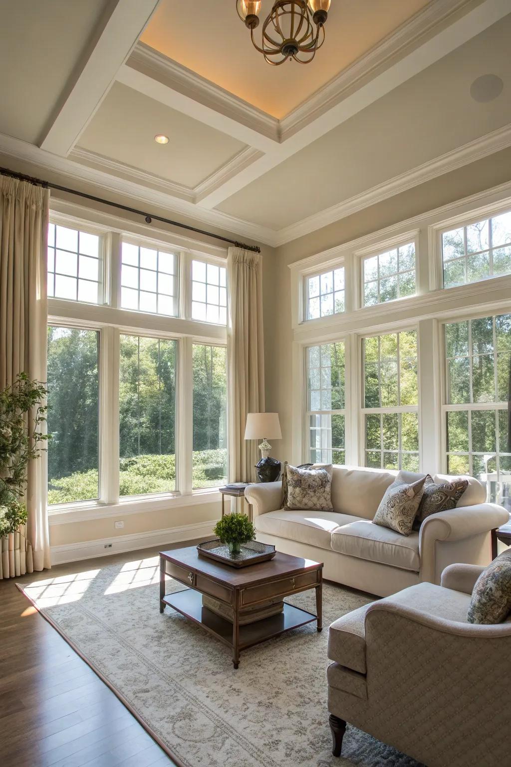 A living room with a tray ceiling crafted to maximize natural light.