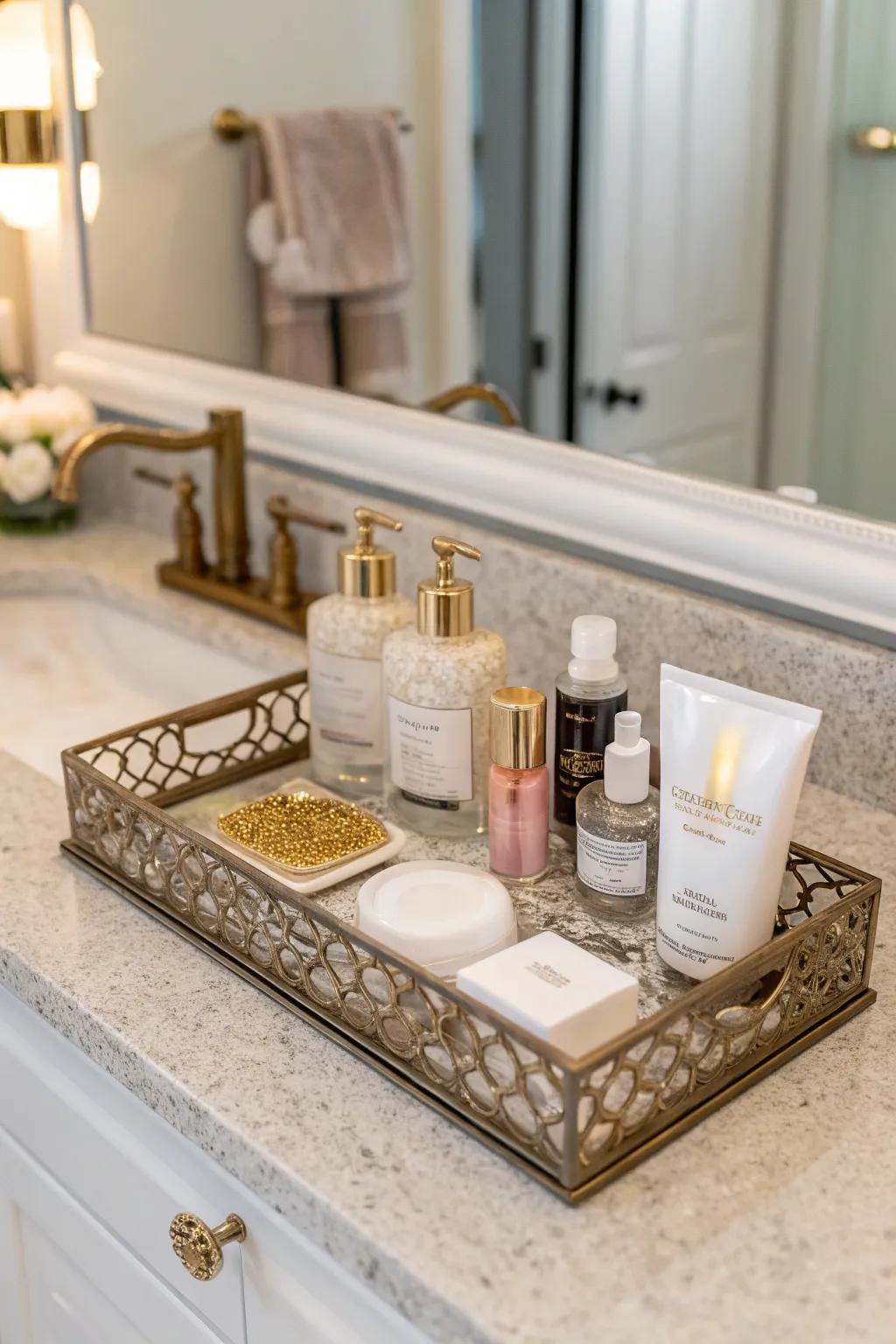A well-organized vanity showcasing a luxurious touch.