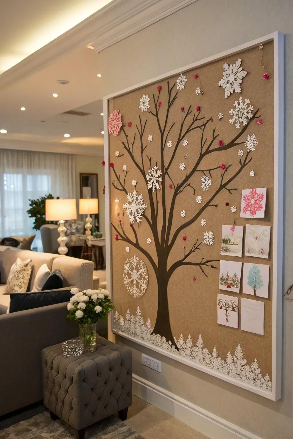 A tree bulletin board that changes with the seasons.