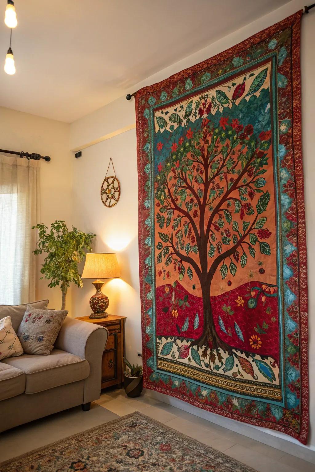 Vibrant Eternal Tree tapestry enlivens a sitting room wall.
