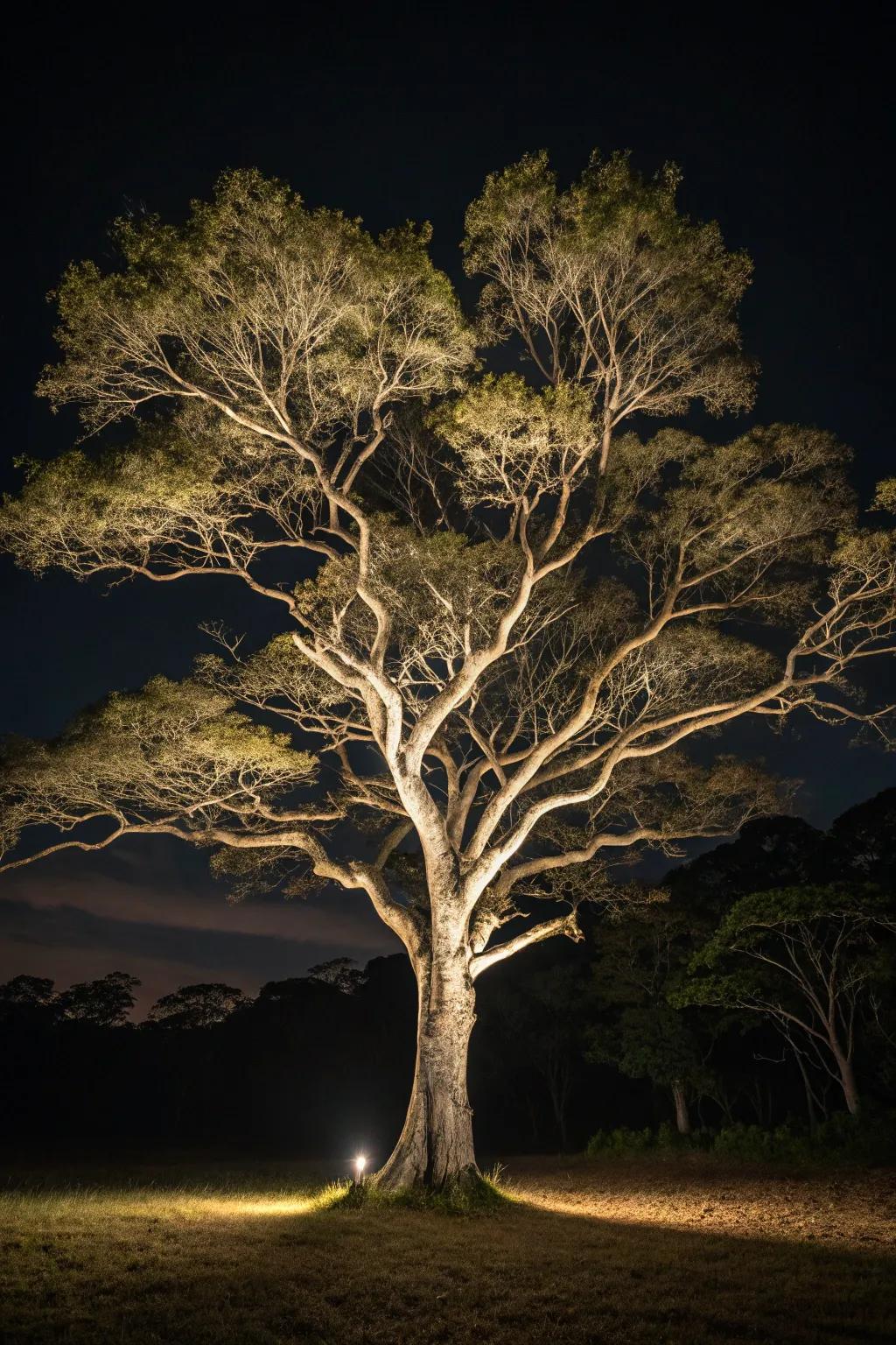 Uplighting enhances the natural beauty of garden trees.