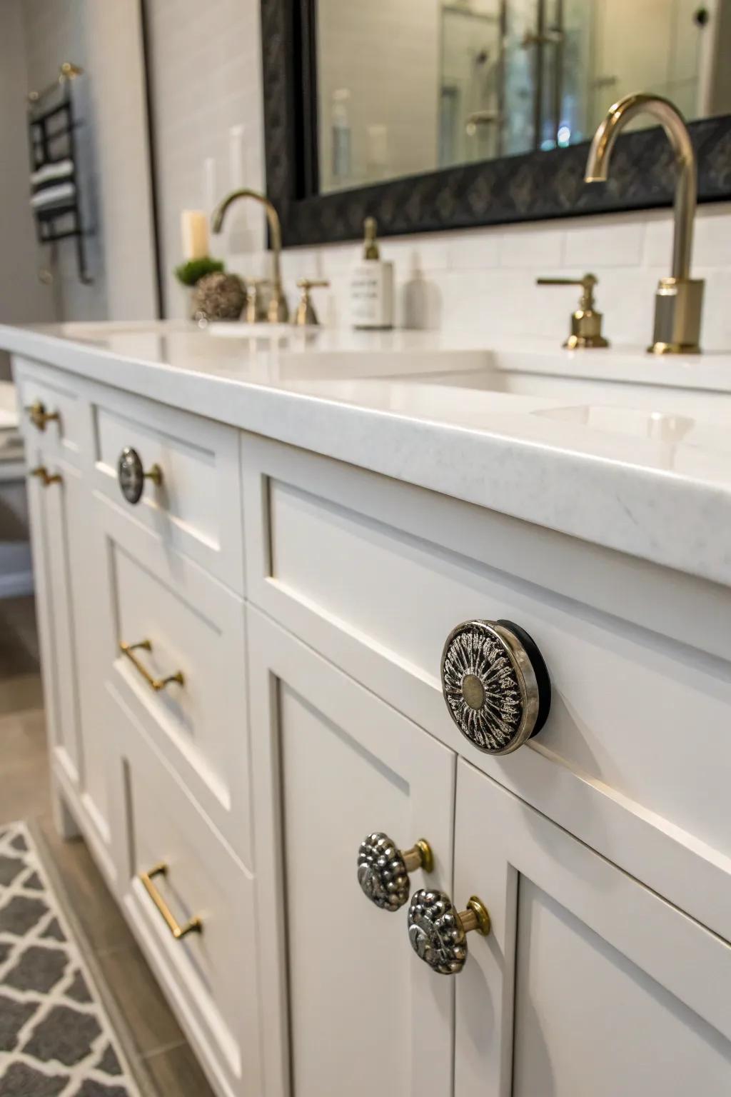 This bathroom vanity showcases bespoke hardware that adds character and style.