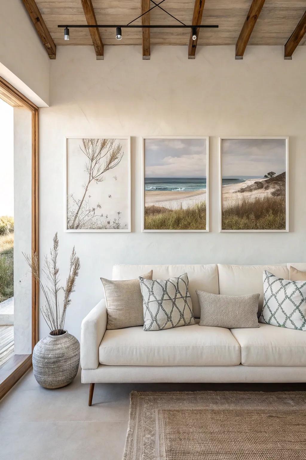 Minimalist triptych art adding subtle elegance to a room.