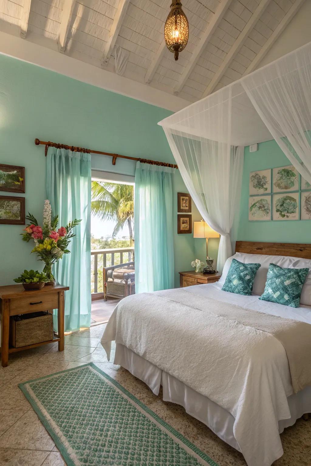 Relaxing vibes transform your bedroom into a tranquil tropical retreat.