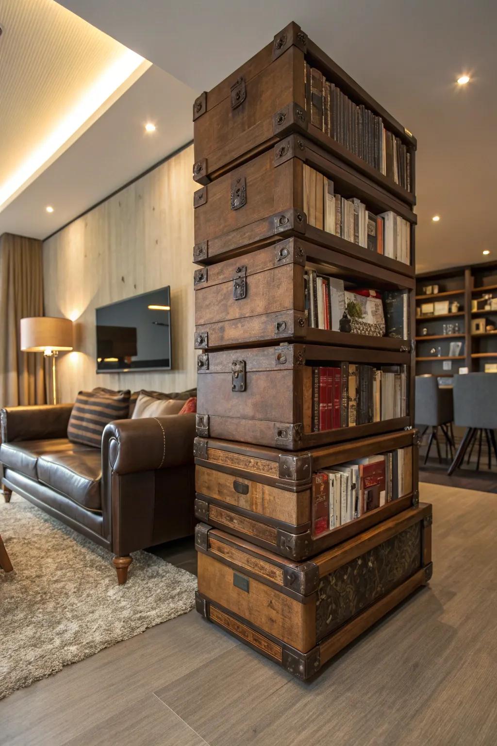 Stacked trunks form a unique bookcase, adding character to the room.
