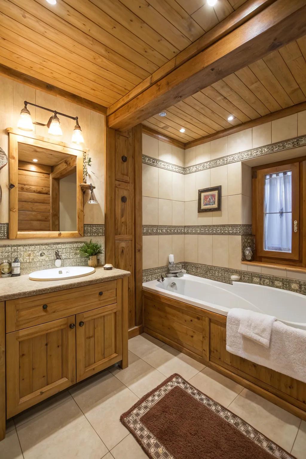Welcoming wooden accents soften the appearance of a modern tub-in-shower bathroom.