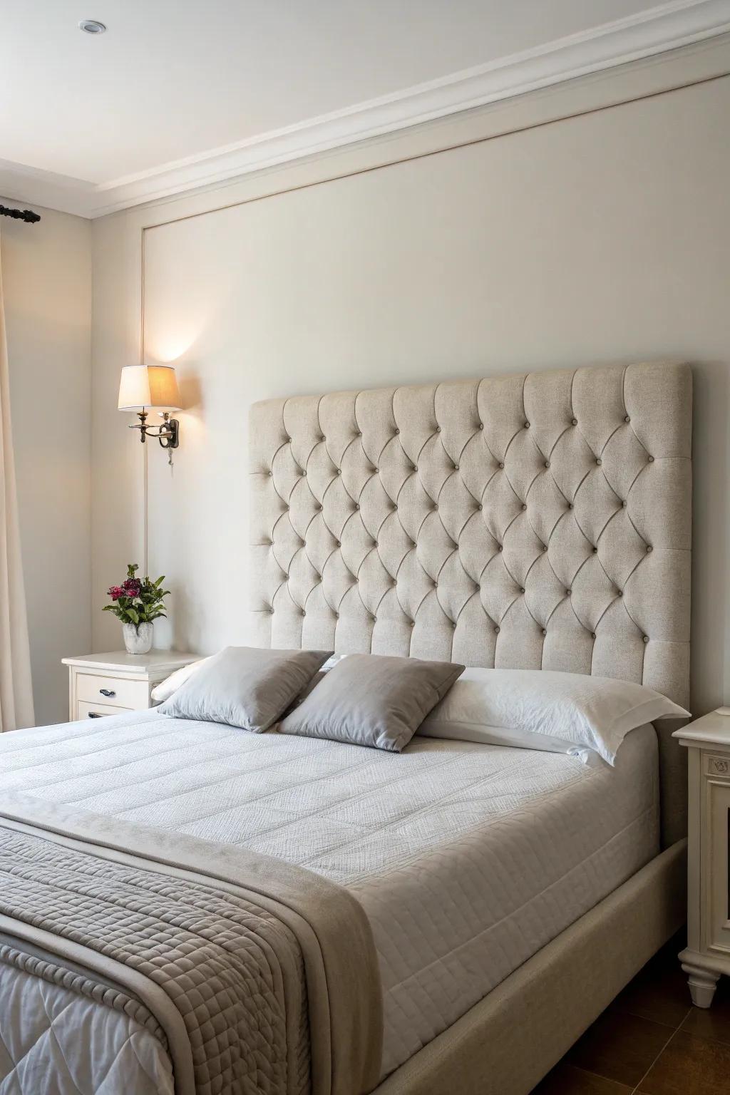 A minimalist bedroom accented with a sleek tufted headboard.