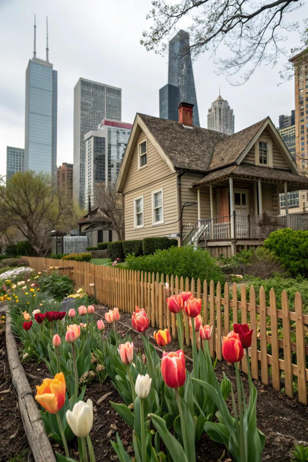 Tulips in both rustic and city gardens, demonstrating their adaptability and charm.