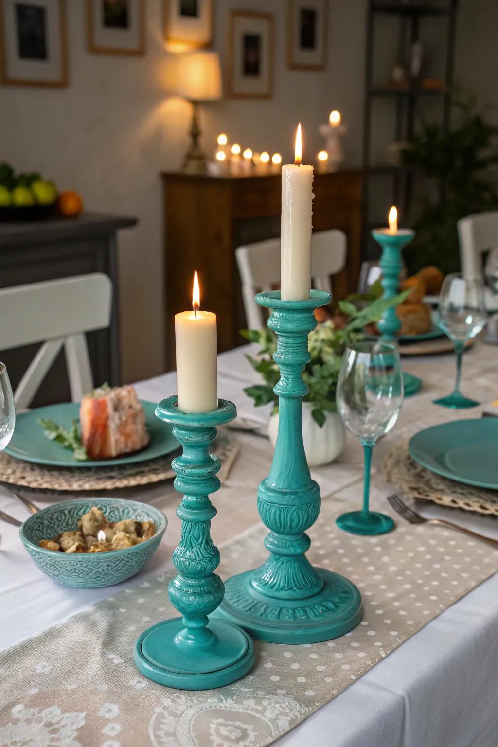 Candles in azure holders craft a welcoming and cozy atmosphere.