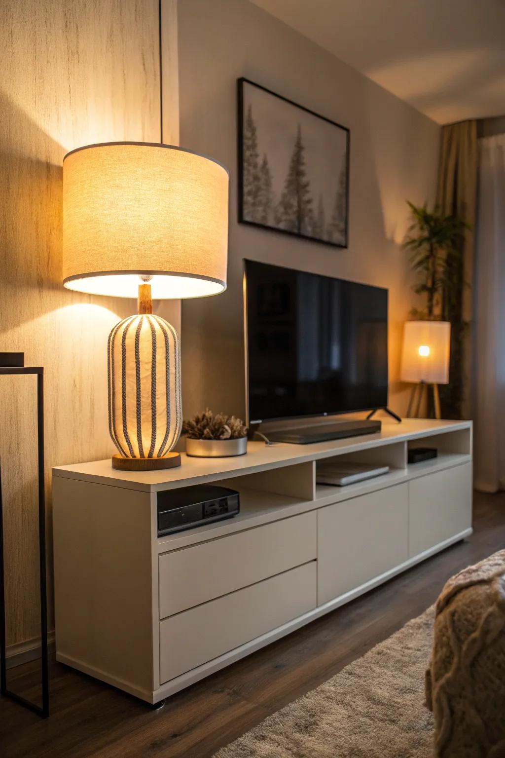 Soft lighting enhancing the warmth of TV stand decor.