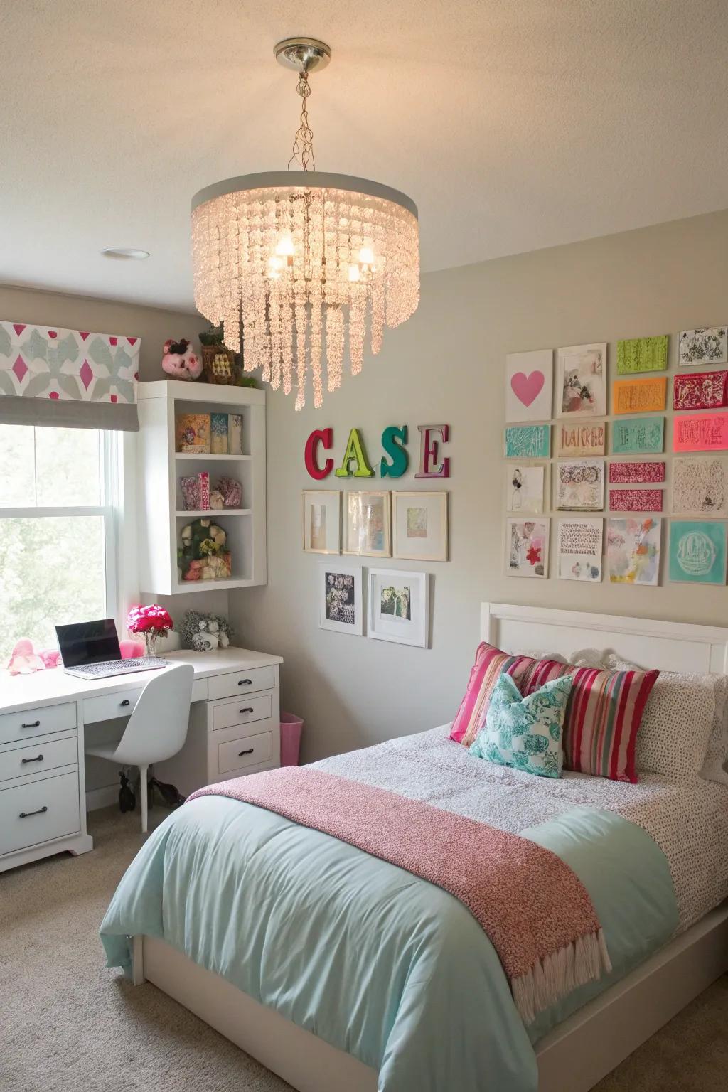 Sophisticated center of attention boasting a feature chandelier.